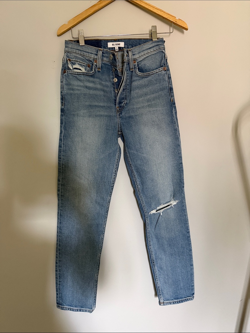Re/Done Light Blue Straight Leg Distressed Jeans